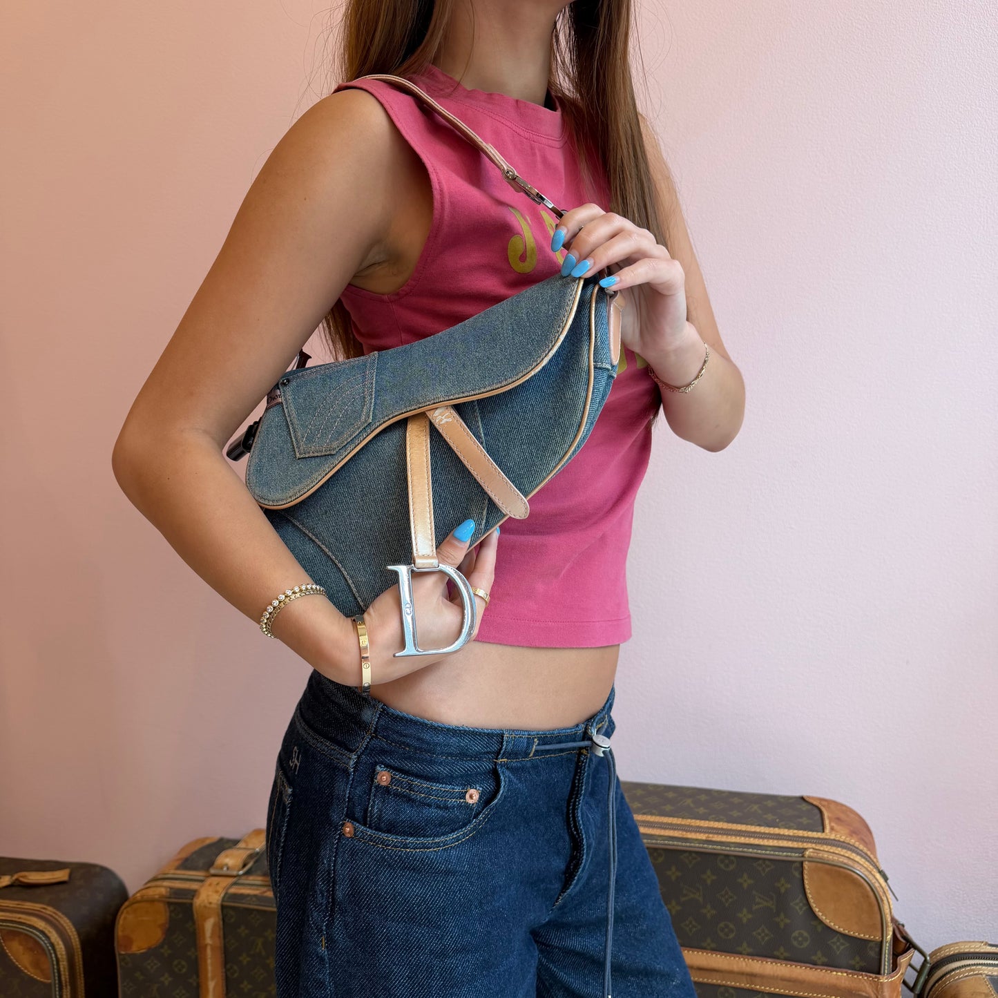 Christian Dior Denim & Leather Saddle Shoulder Bag