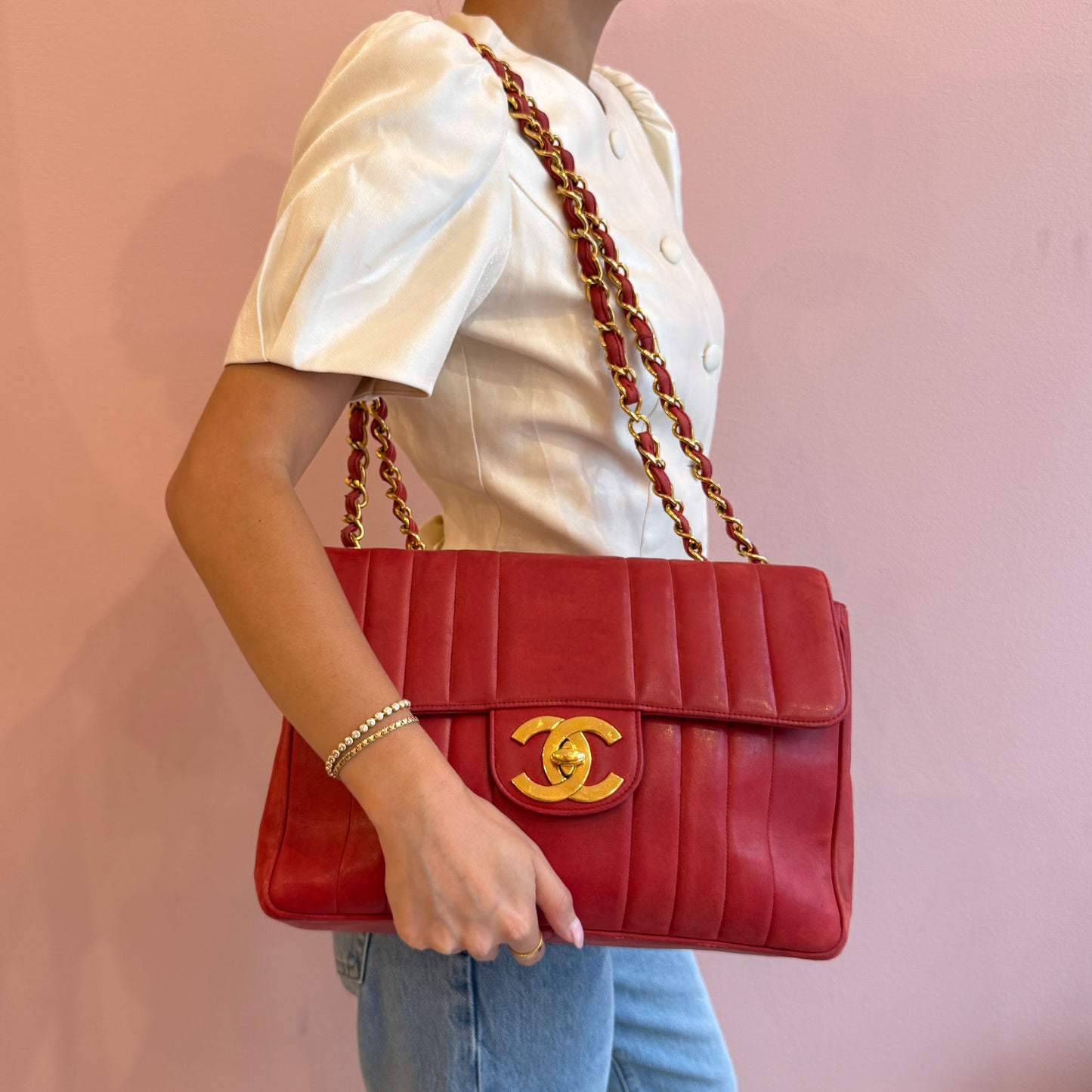 Chanel Red Lambskin Leather Vertical Quilted Jumbo Flap GHW