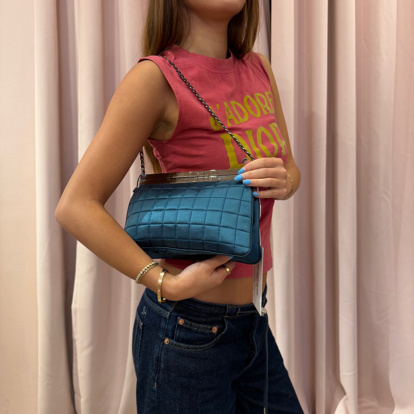 Chanel Teal Satin Chocolate Bar Frame Bag