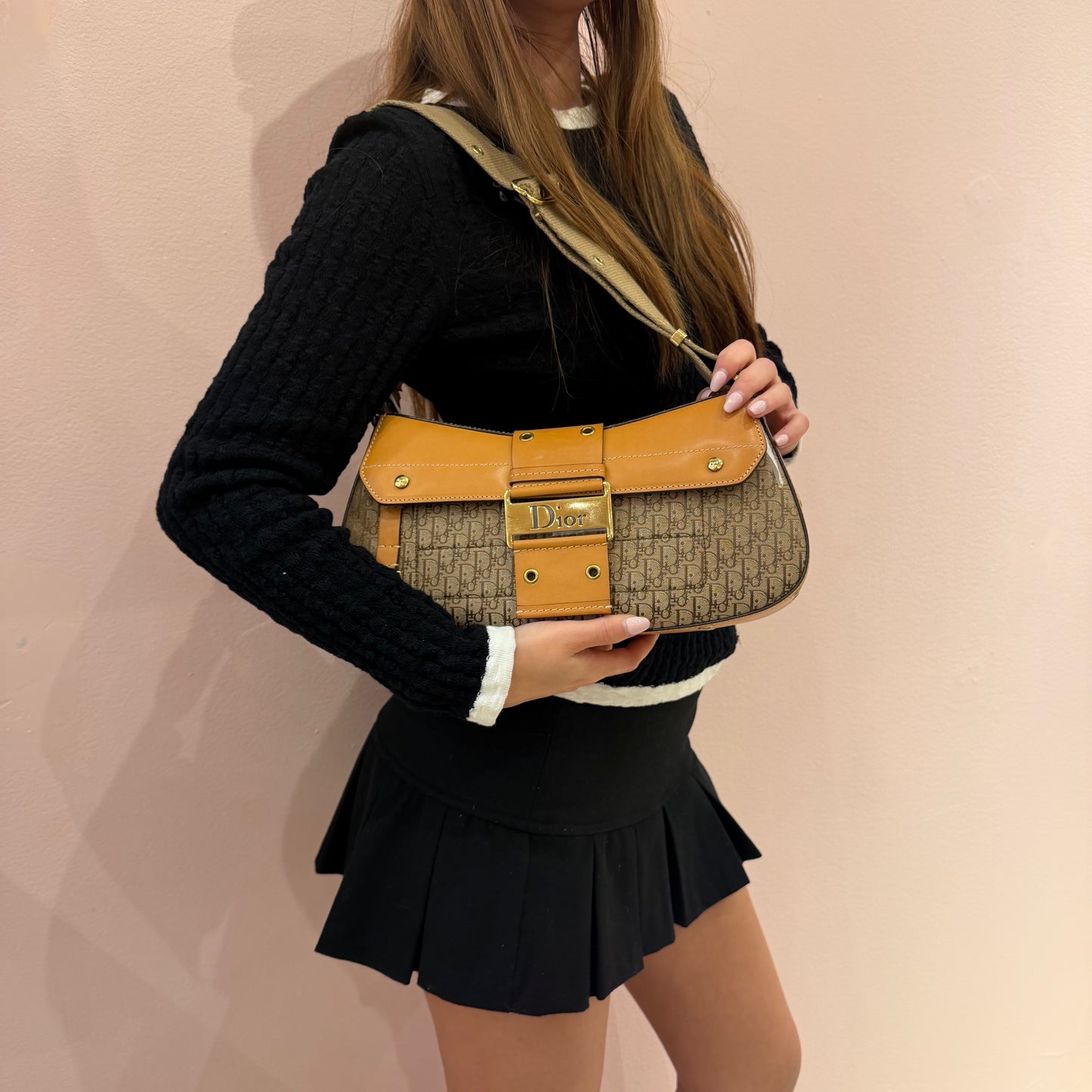 Christian Dior Beige Cavnas & Leather Trotter Monogram Street Chic Columbus Bag