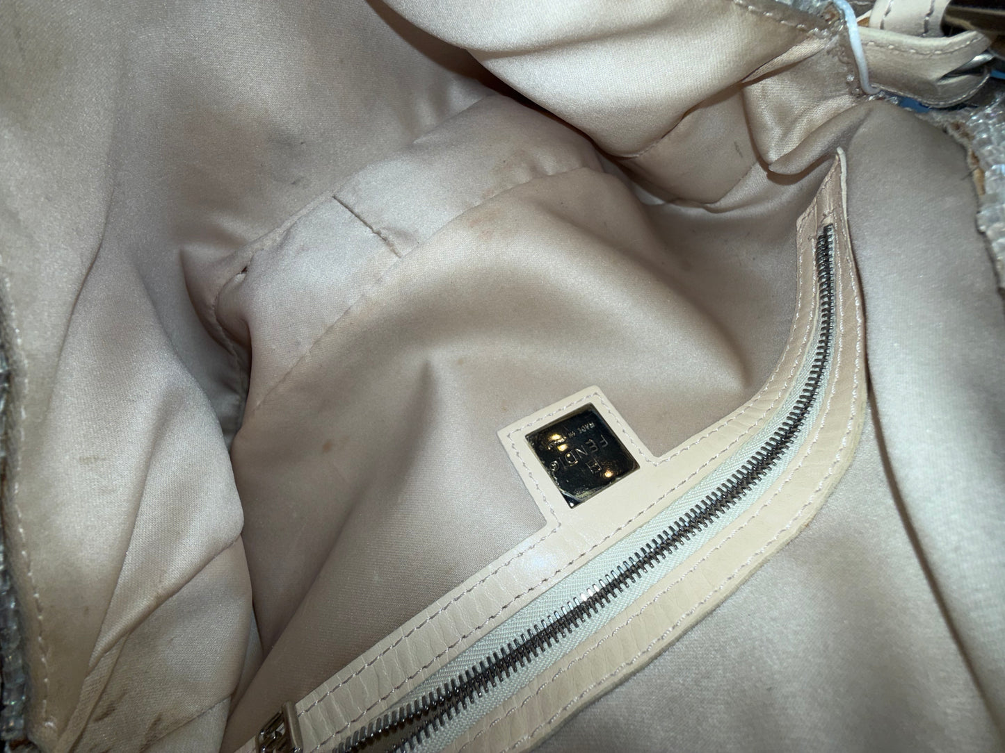 Fendi Beige Beaded & Leather Baguette Shoulder Bag