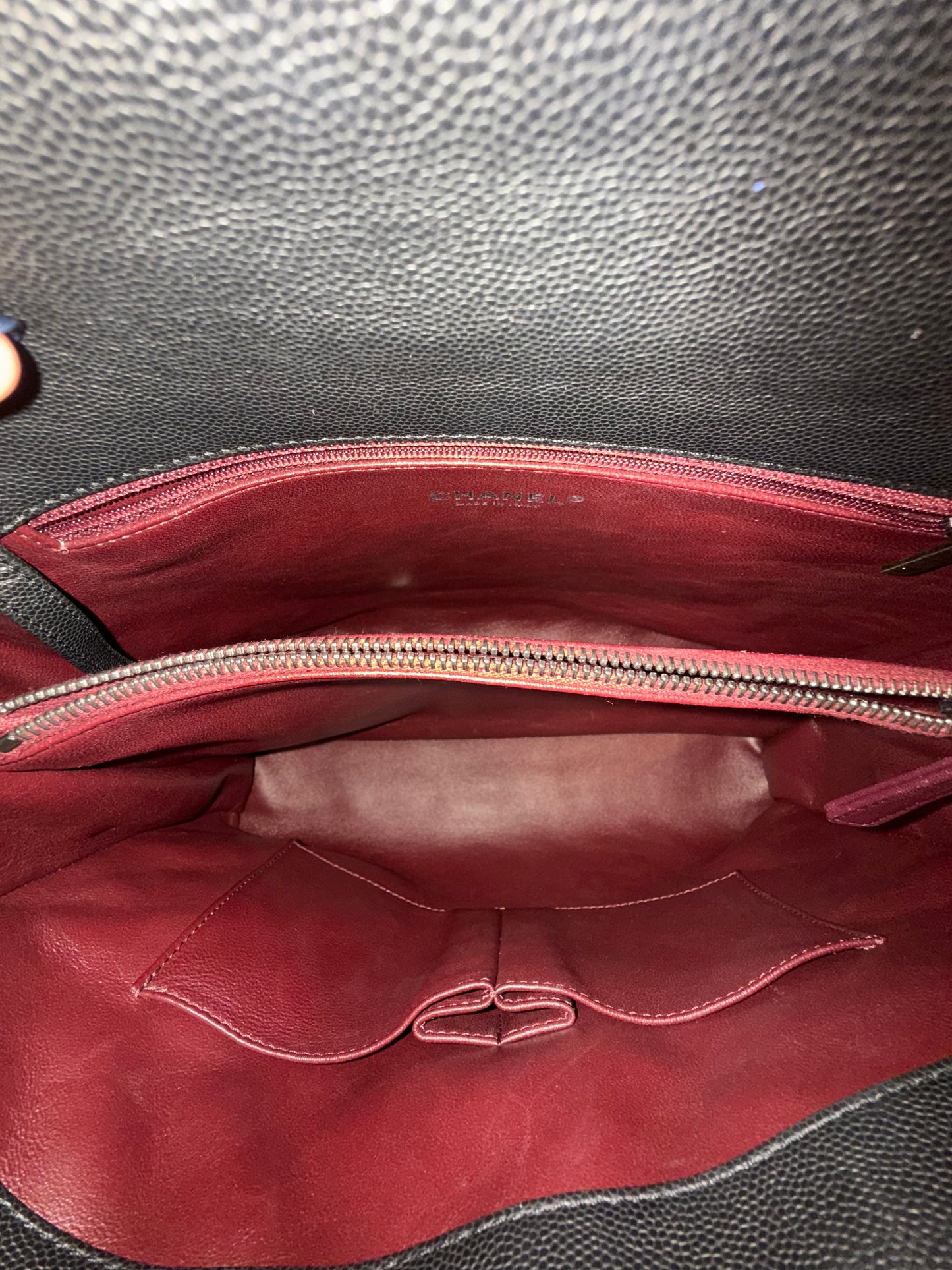 Chanel Black & Burgundy Caviar Leather & Lizard Coco Handle Flap