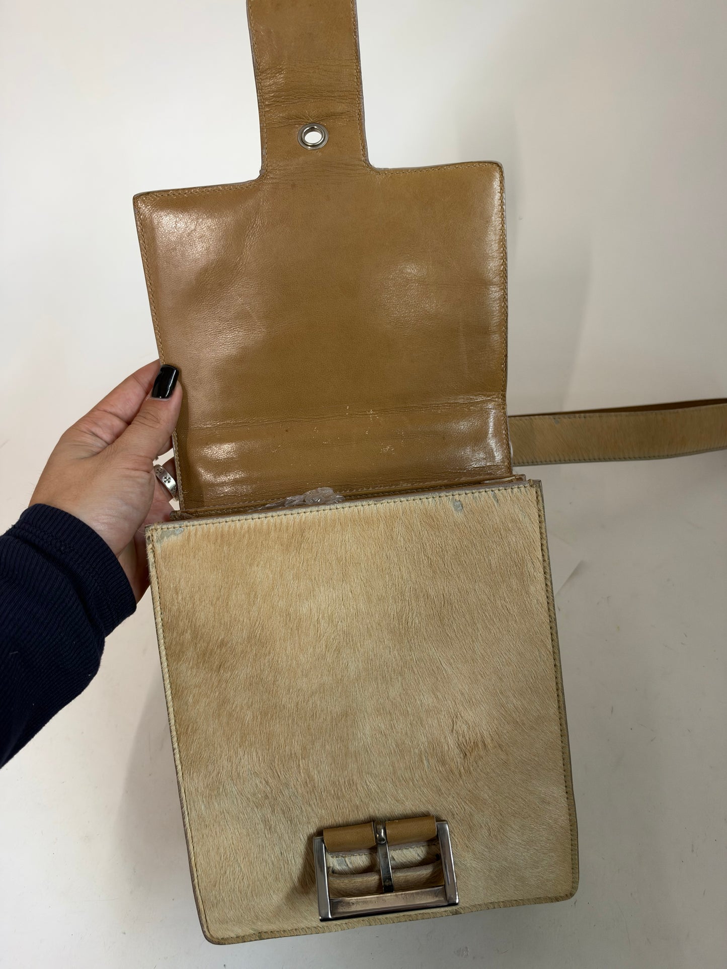 Prada Brown Ponyhair Buckle Front Shoulder Bag