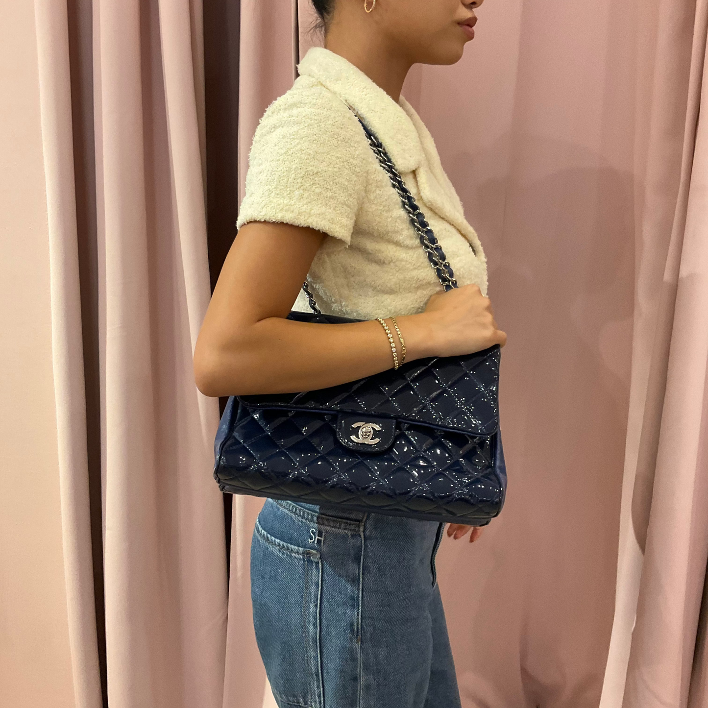 Chanel Blue Patent & Lambskin Leather Interwoven Chain Flap Shoulder Bag