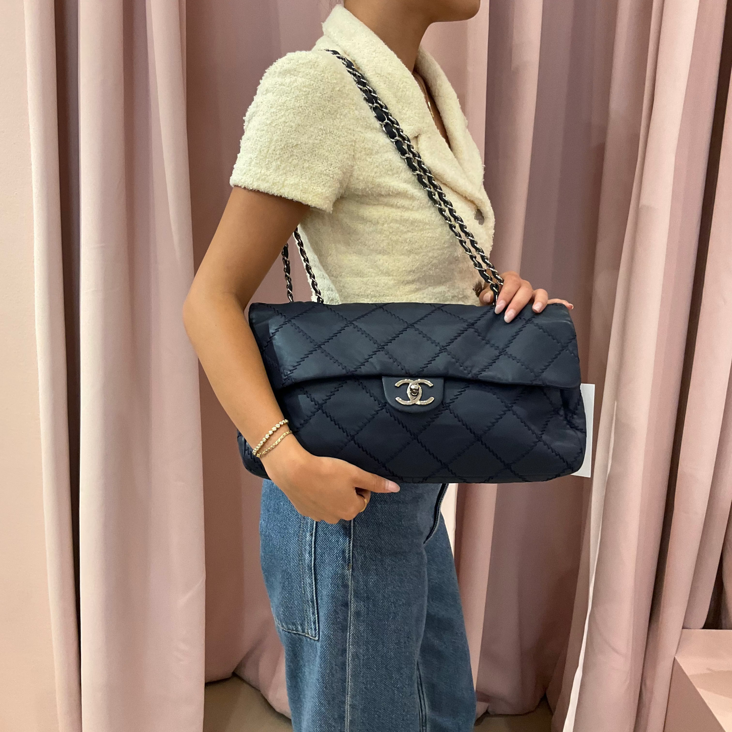 Chanel Navy Blue Lambskin Leather Ultra Stitch Flap