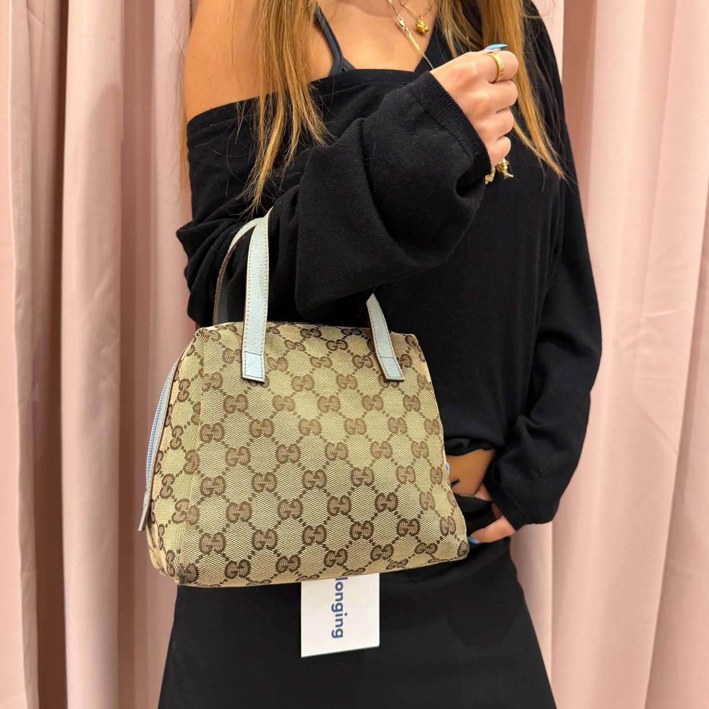 Gucci Brown Monogram Canvas Baby Blue Trim Top Handle Bag