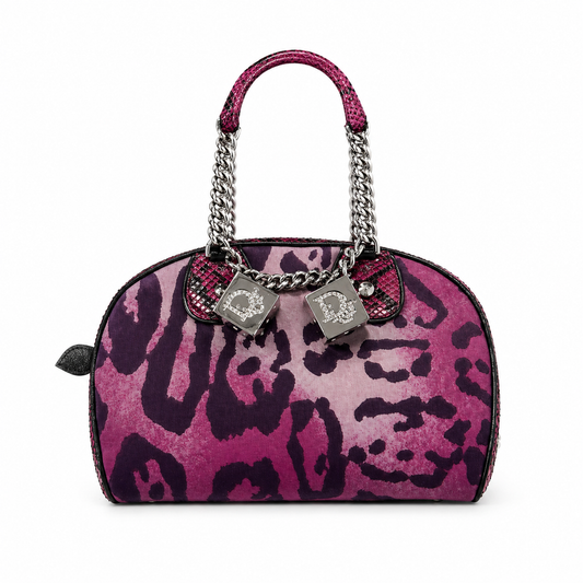 Christian Dior Pink Python Leather & Canvas Cheetah Print Gambler Dice Bowler Bag