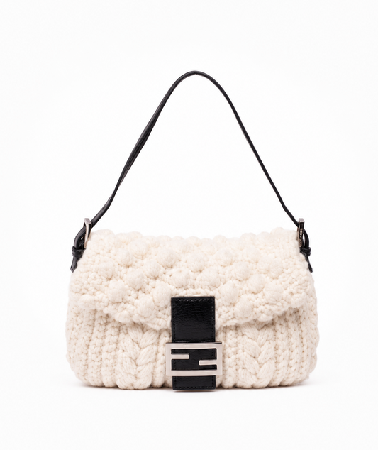 Fendi White Knit Baguette Shoulder Bag