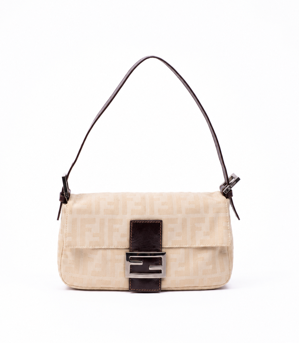Fendi Cream Zucca Monogram Canvas Baguette Shoulder Bag