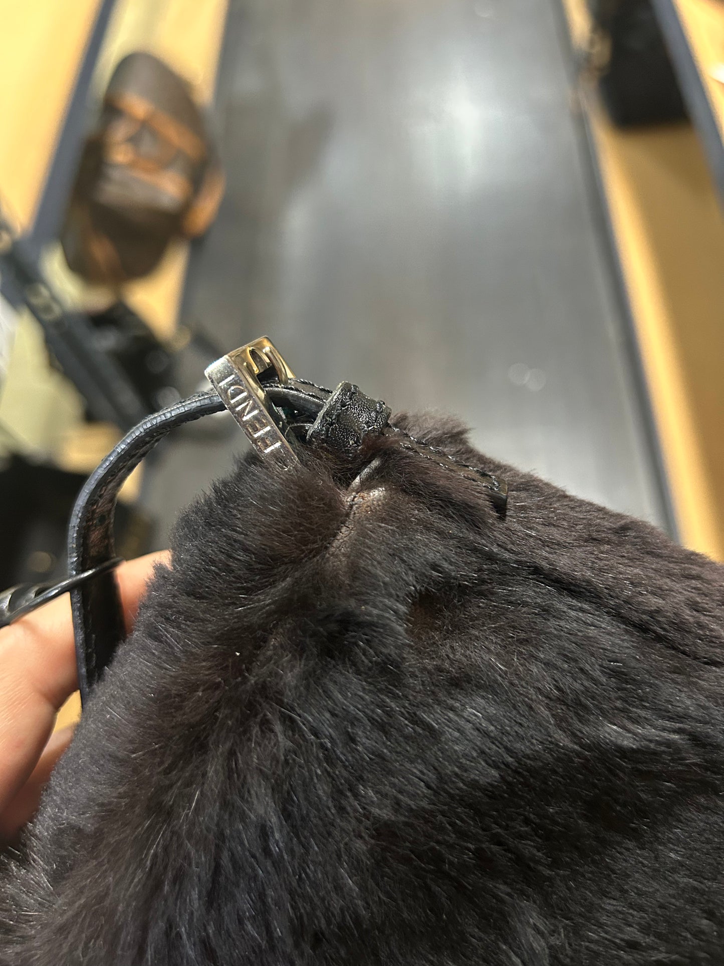 Fendi Black Rabbit Fur & Leather Baguette Shoulder Bag SHW