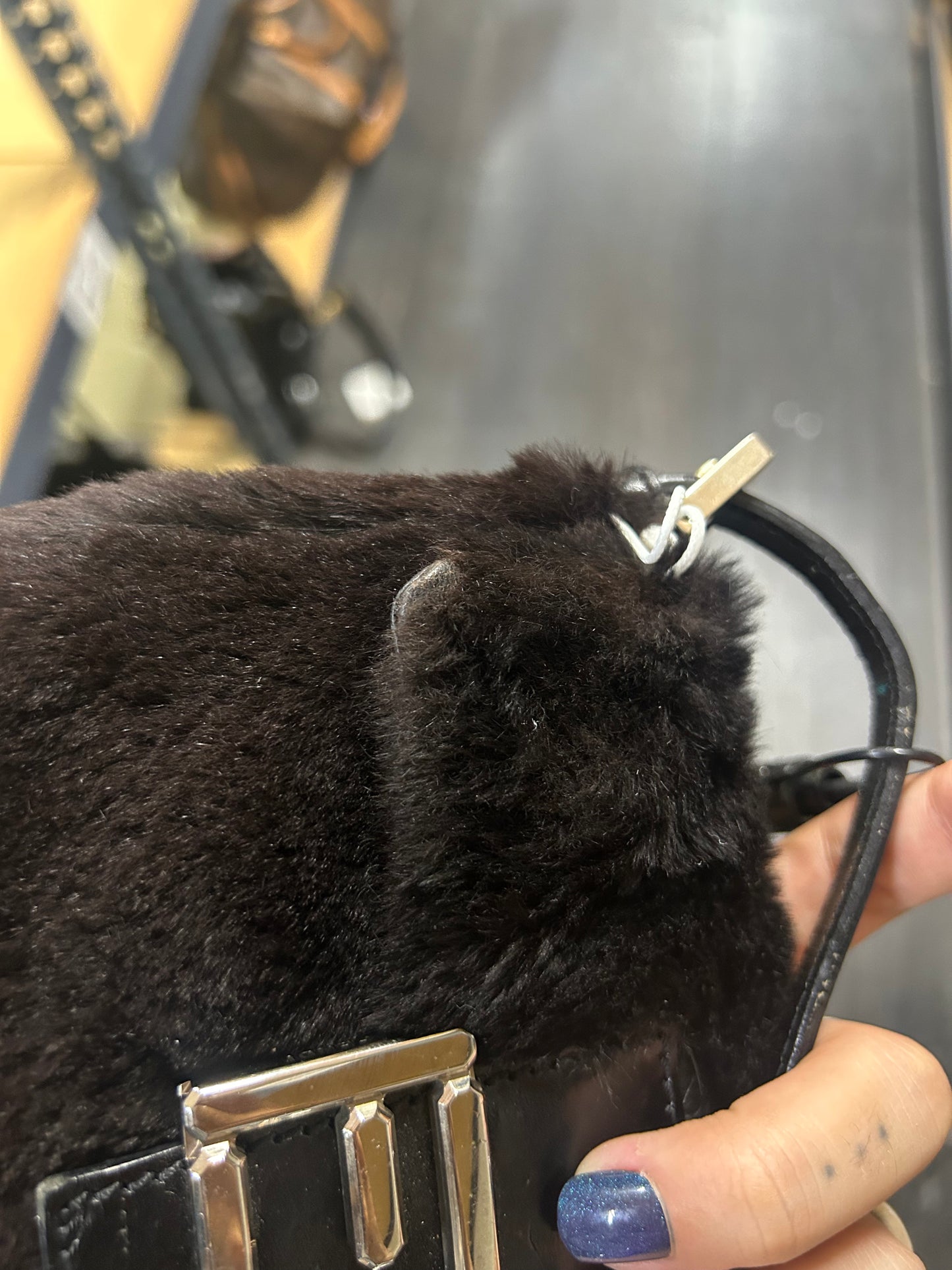 Fendi Black Rabbit Fur & Leather Baguette Shoulder Bag SHW