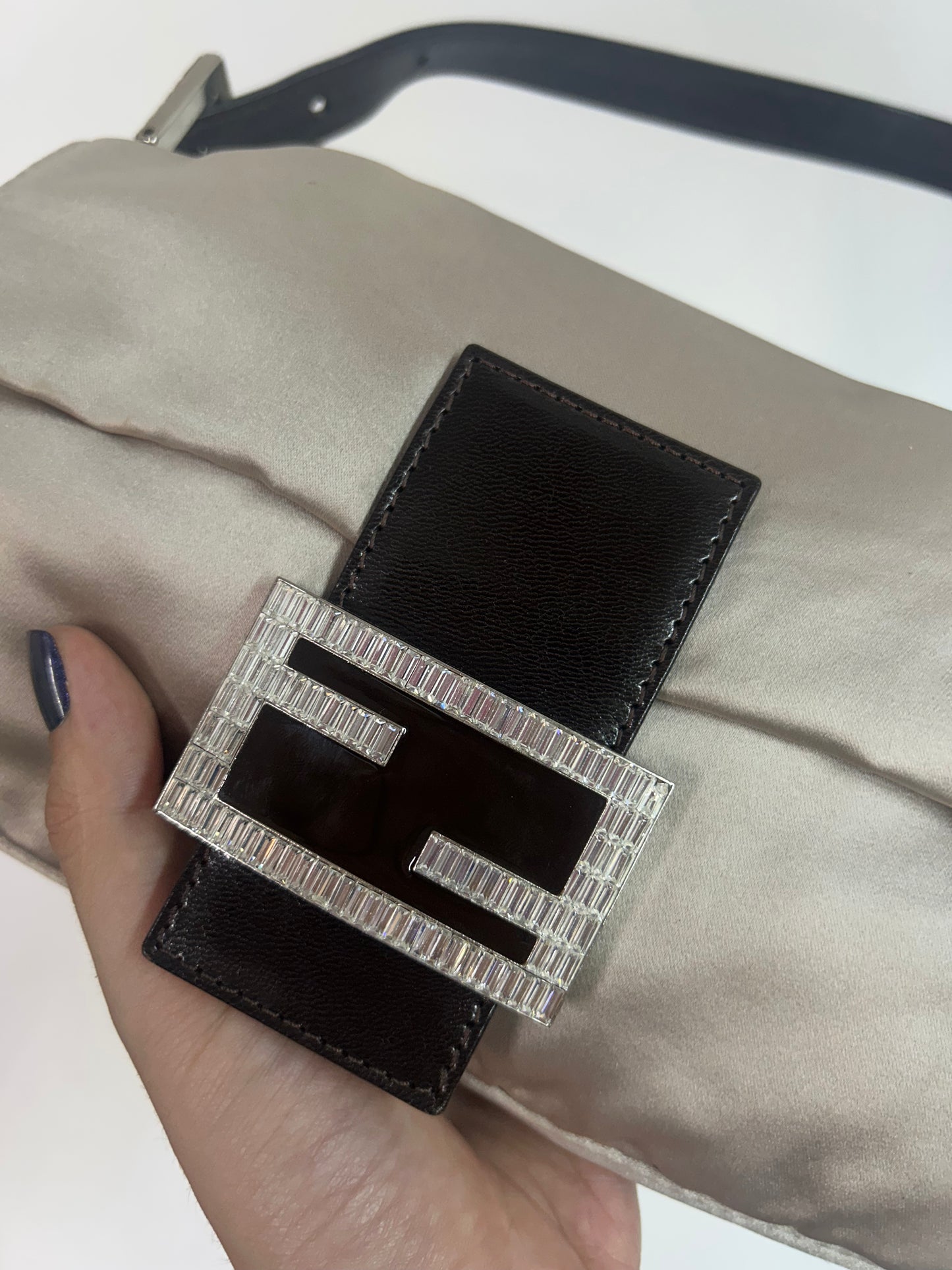 Fendi Champagne Satin & Leather Rhinestone Baguette Shoulder Bag