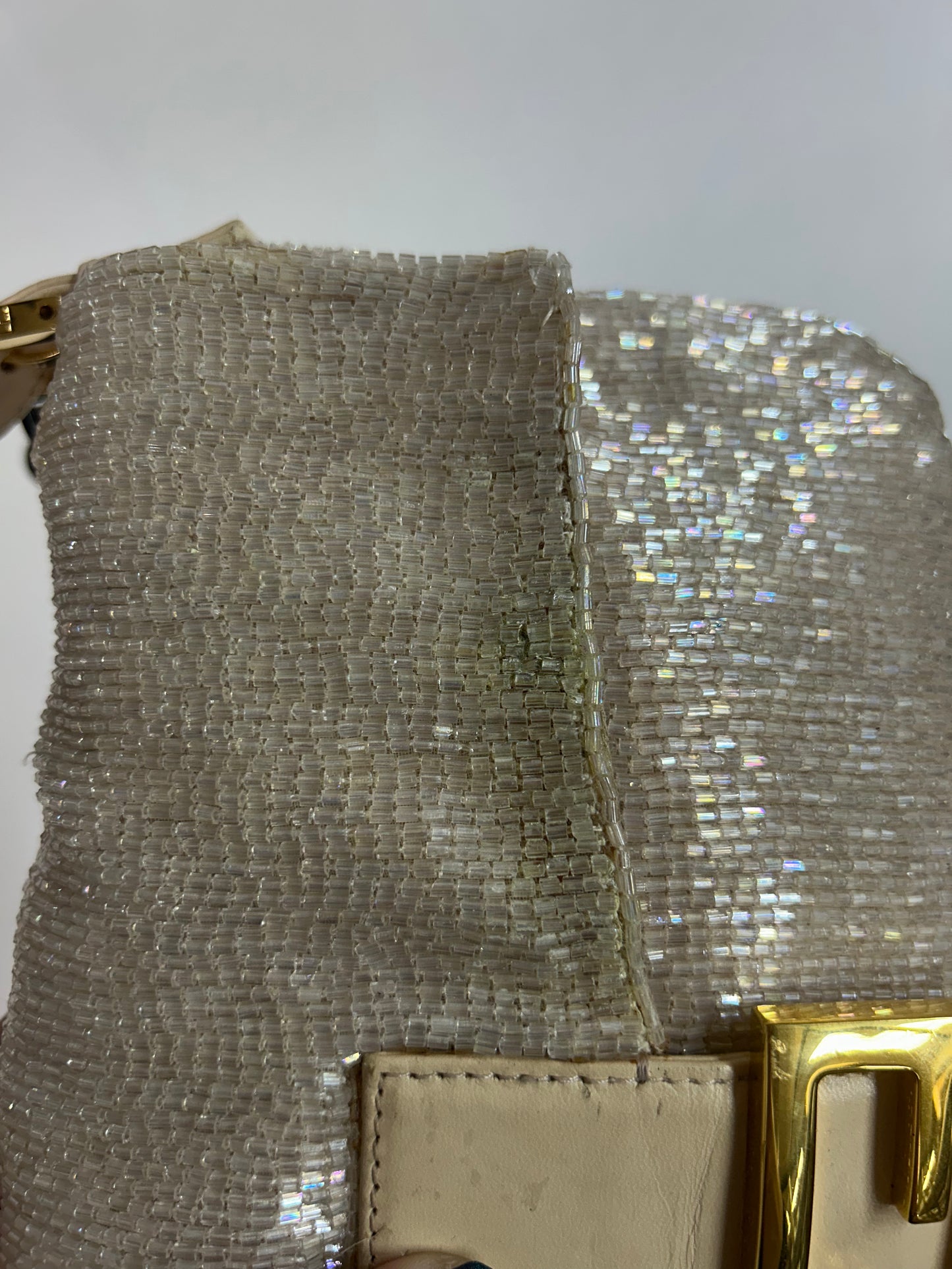 Fendi White Beaded & Leather Baguette Shoulder Bag GHW