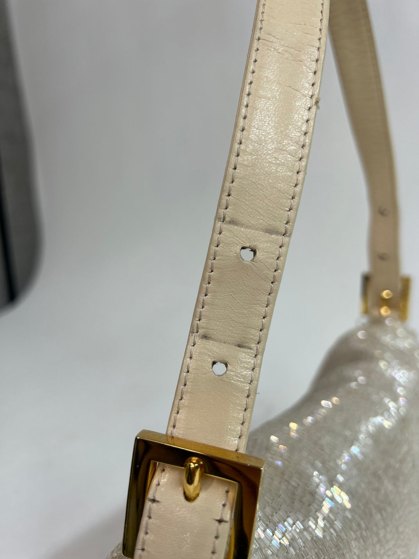 Fendi White Beaded & Leather Baguette Shoulder Bag GHW