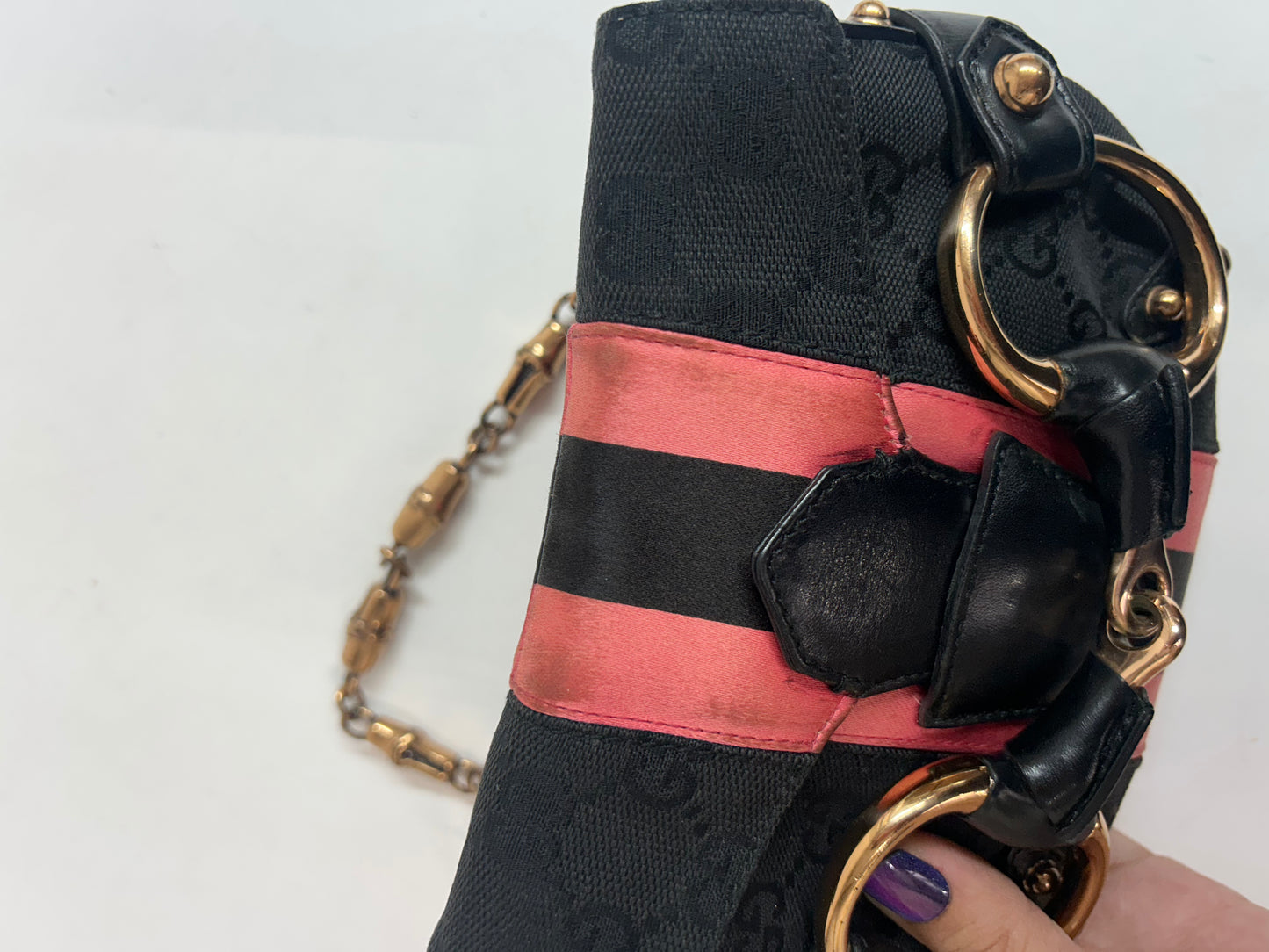 Gucci Black & Pink Canvas & Satin Horsebit Mini Shoulder Bag