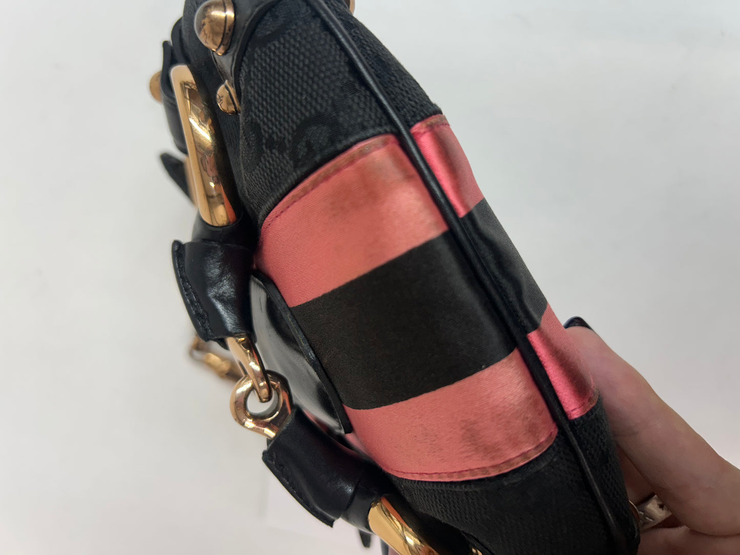 Gucci Black & Pink Canvas & Satin Horsebit Mini Shoulder Bag