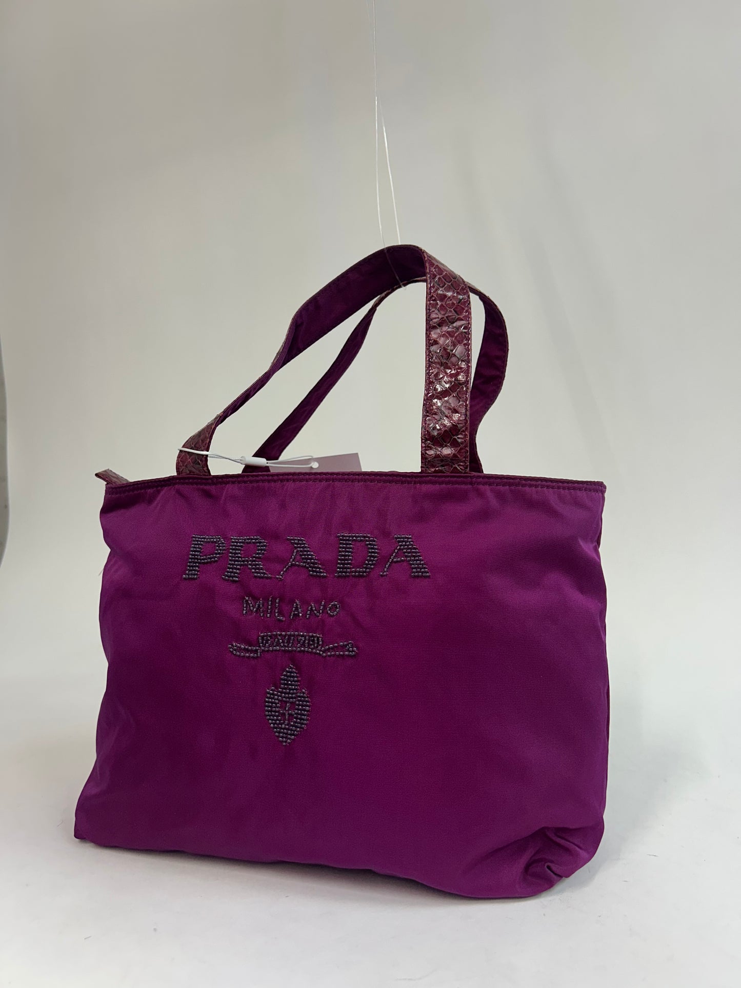 RARE Prada Purple Nylon & Snakeskin Beaded Logo Small Tote Bag
