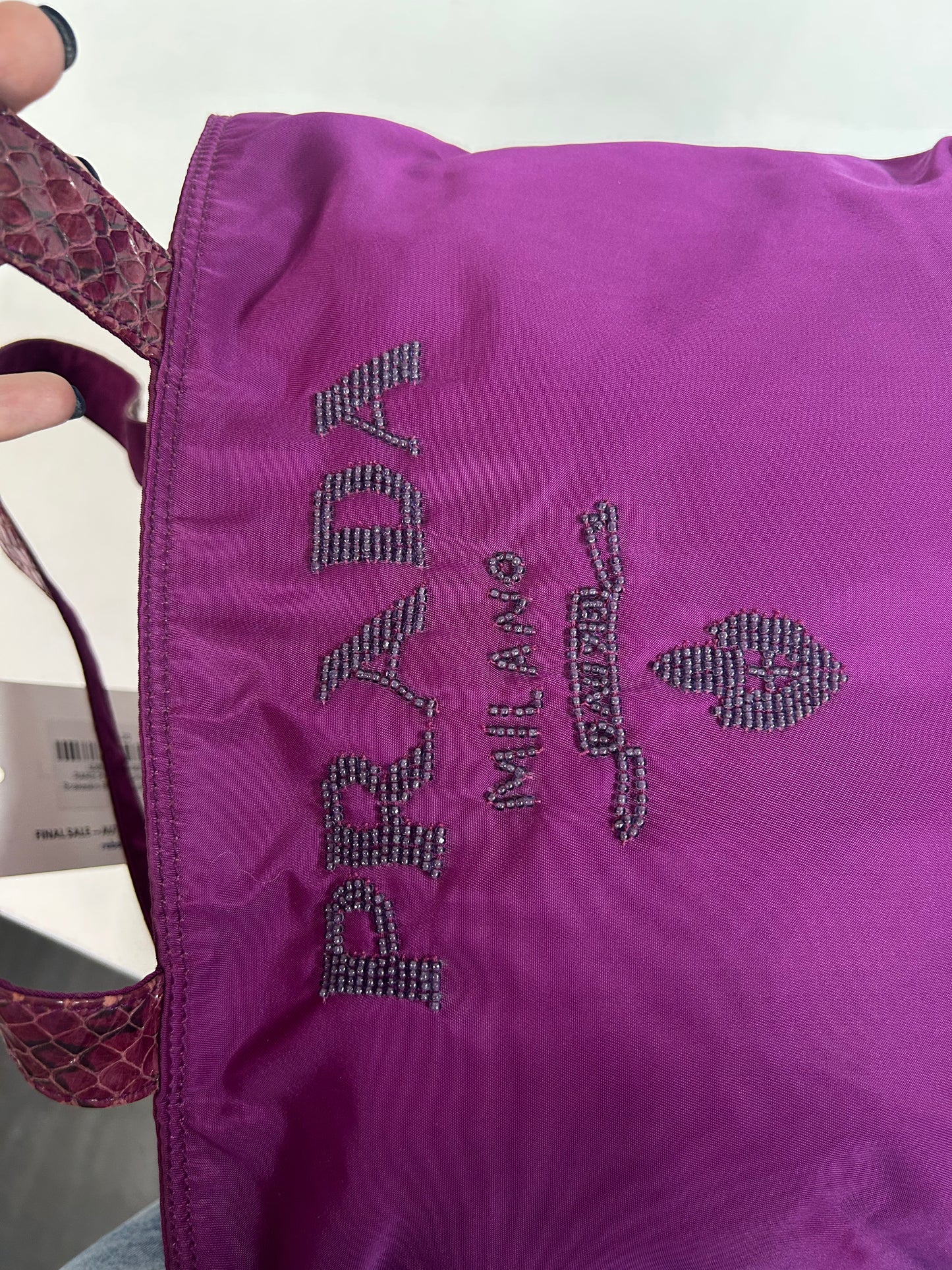RARE Prada Purple Nylon & Snakeskin Beaded Logo Small Tote Bag