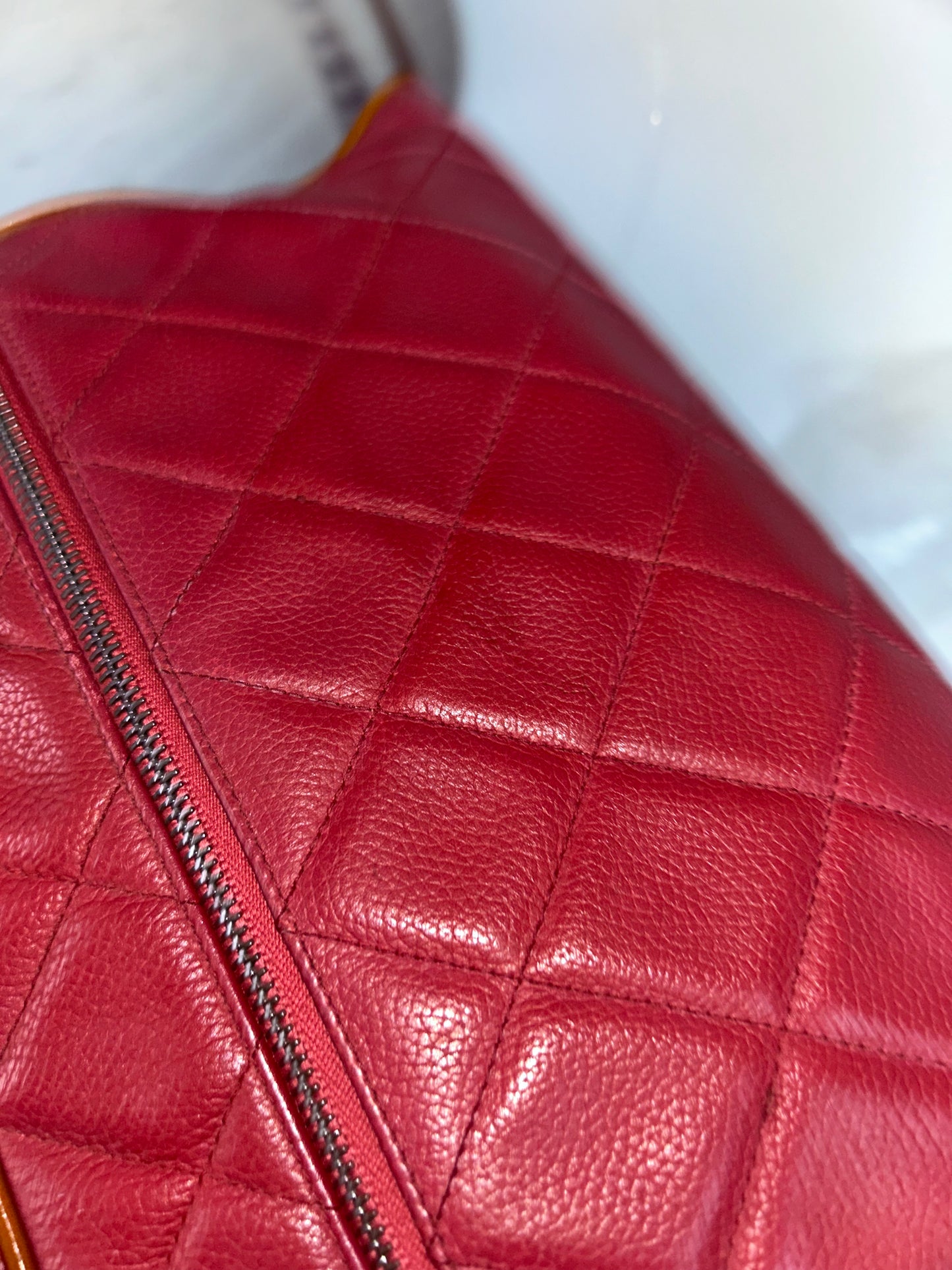 Chanel Red Caviar Leather Quilted Embroidered Boston Bag