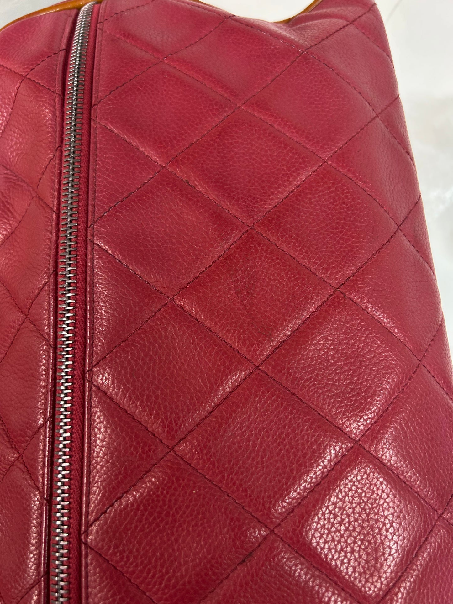 Chanel Red Caviar Leather Quilted Embroidered Boston Bag