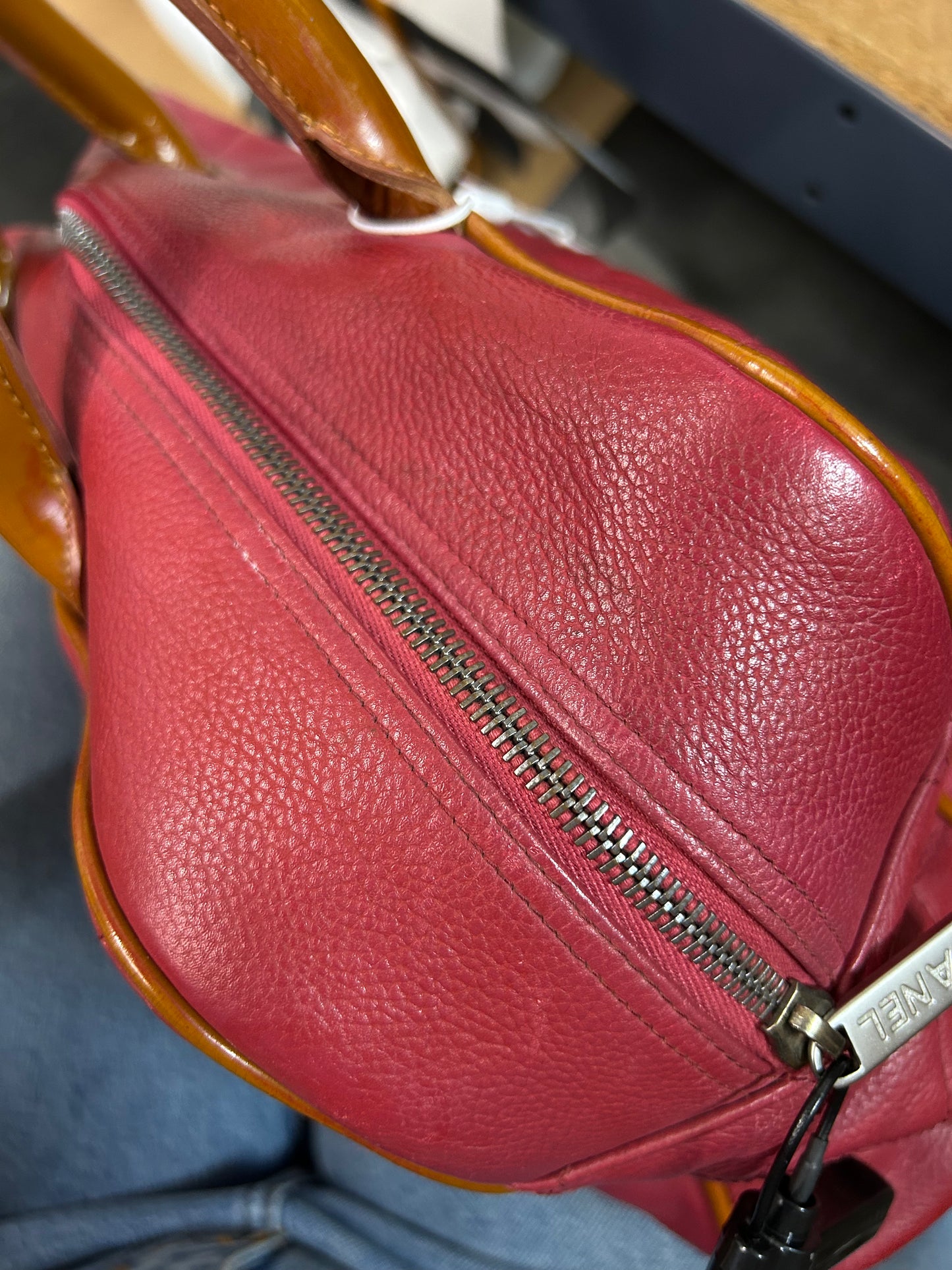 Chanel Red Caviar Leather Quilted Embroidered Boston Bag