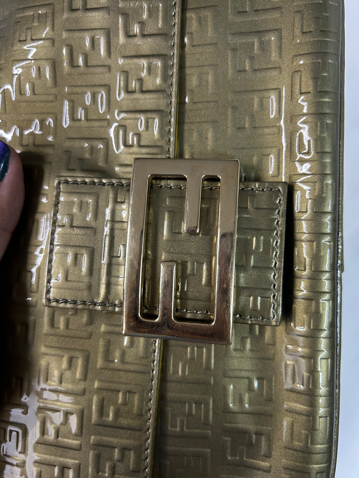 Fendi Olive Patent Leather Zucchino Mini Mamma Baguette Shoulder Bag