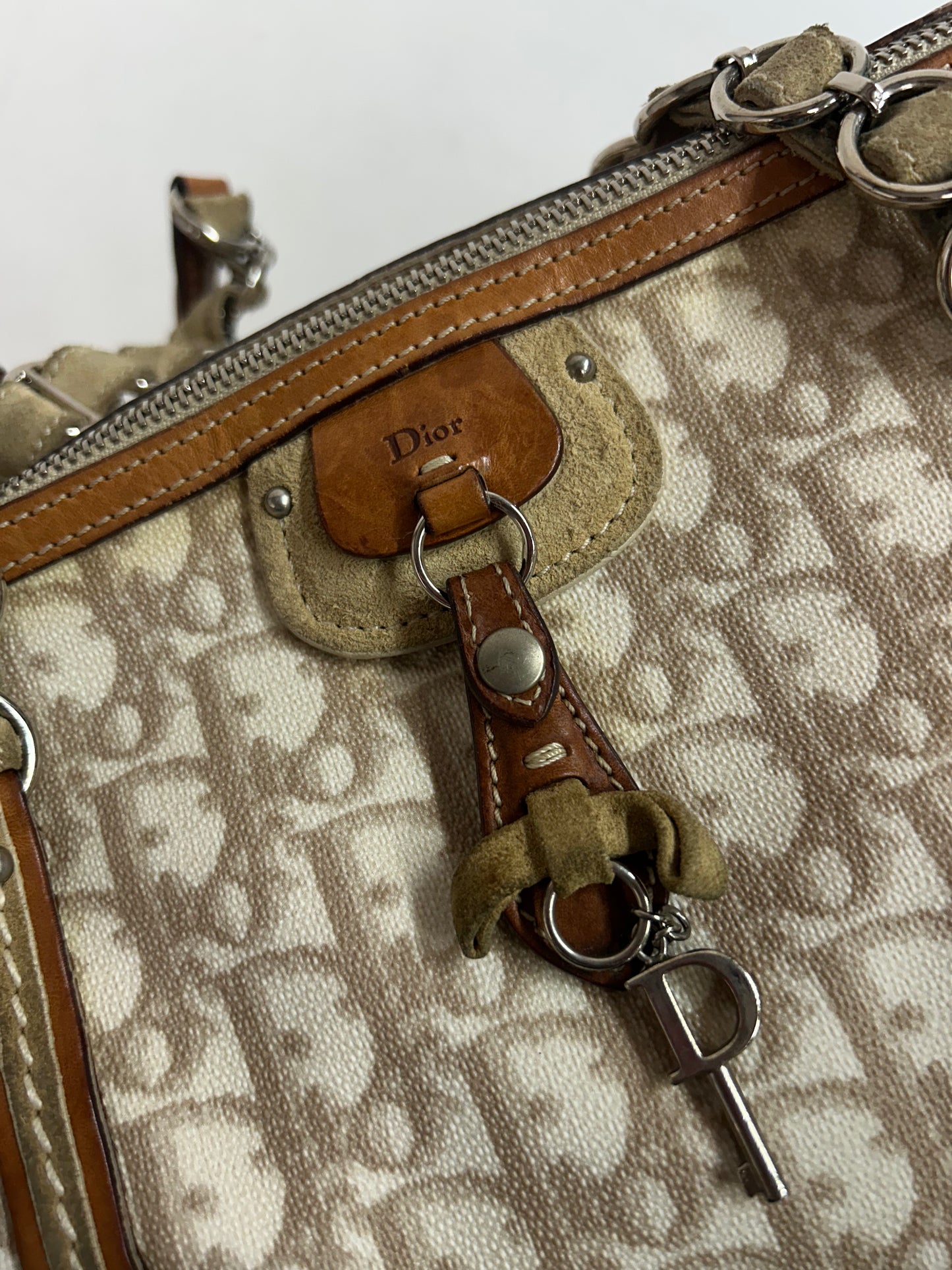 Chrisitian Dior Cream Trotter Monogram PVC Leather Boston Bag