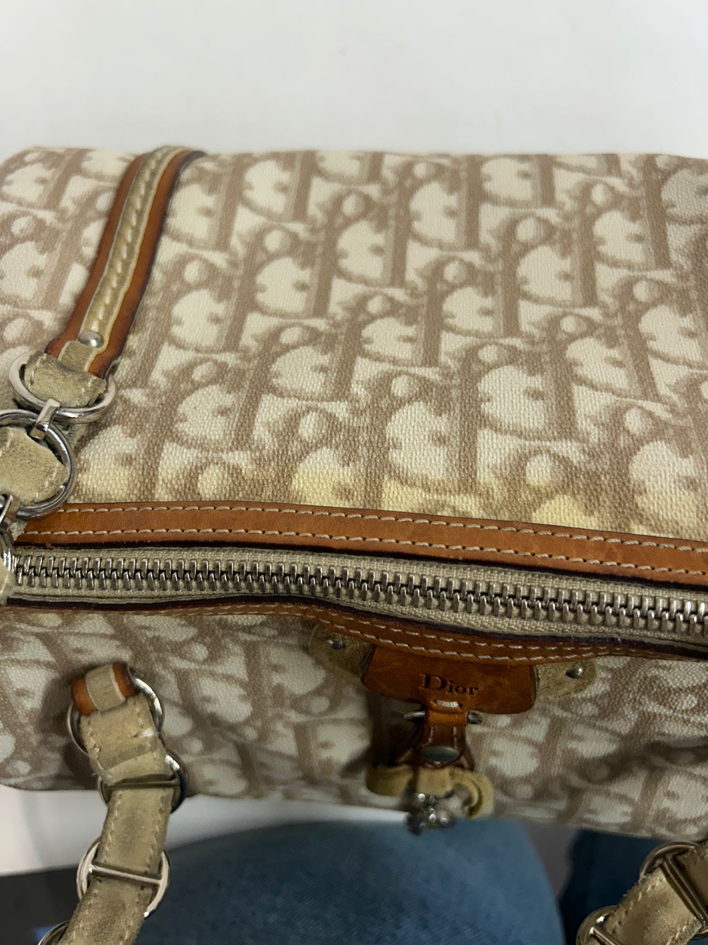 Chrisitian Dior Cream Trotter Monogram PVC Leather Boston Bag