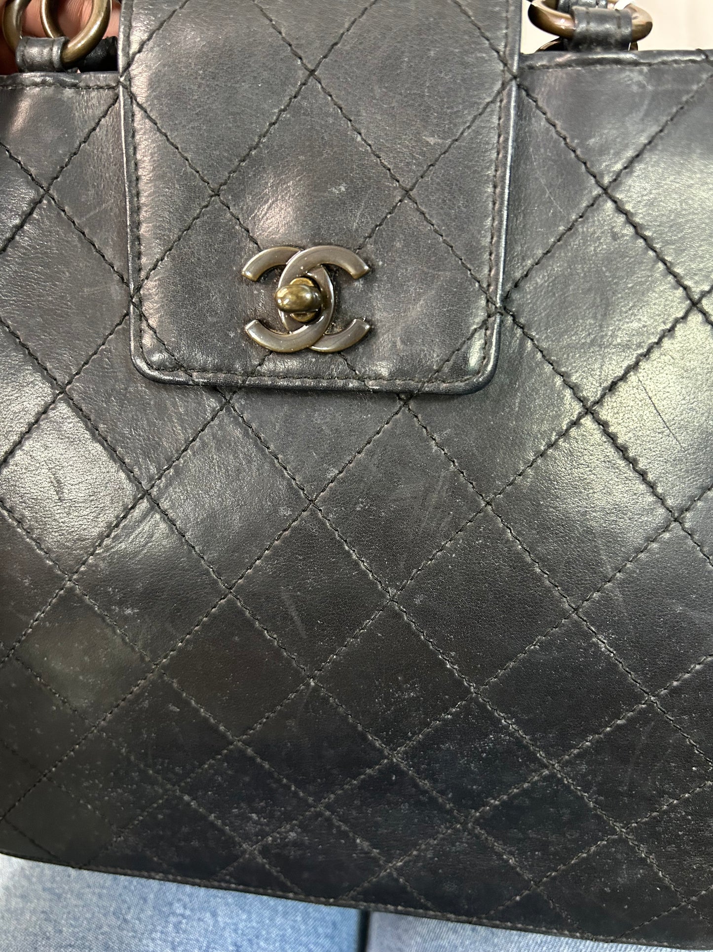 Chanel Black Lambskin Leather Quilted Tote Bag
