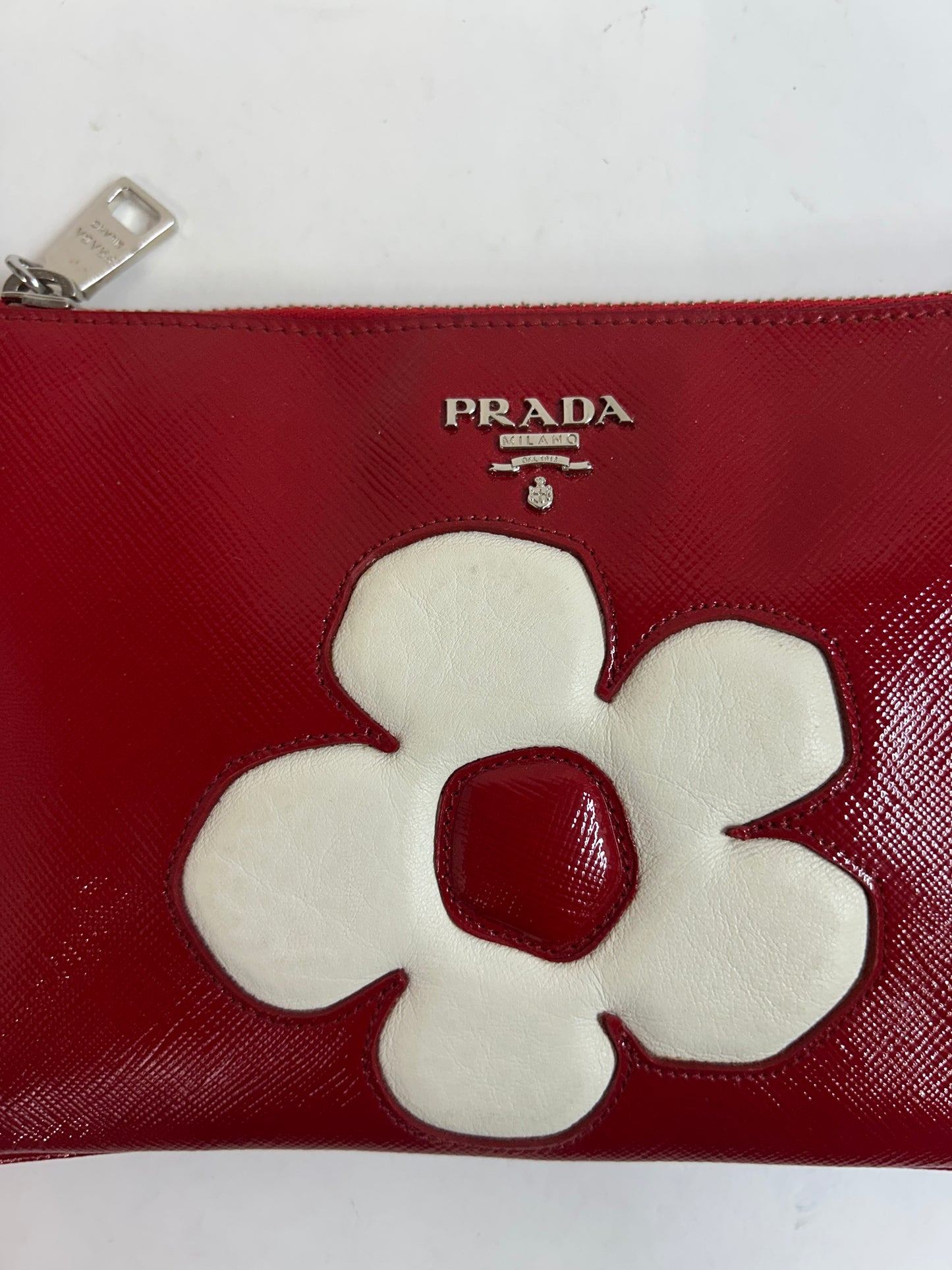 Prada Red Leather Flower Wristlet