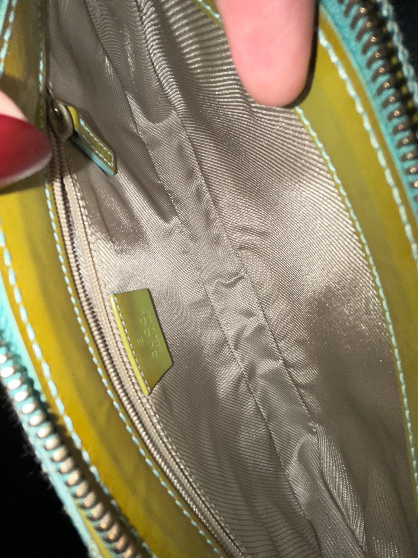 Gucci Blue & Green Canvas & Patent Leather Monogram Pochette Accessory