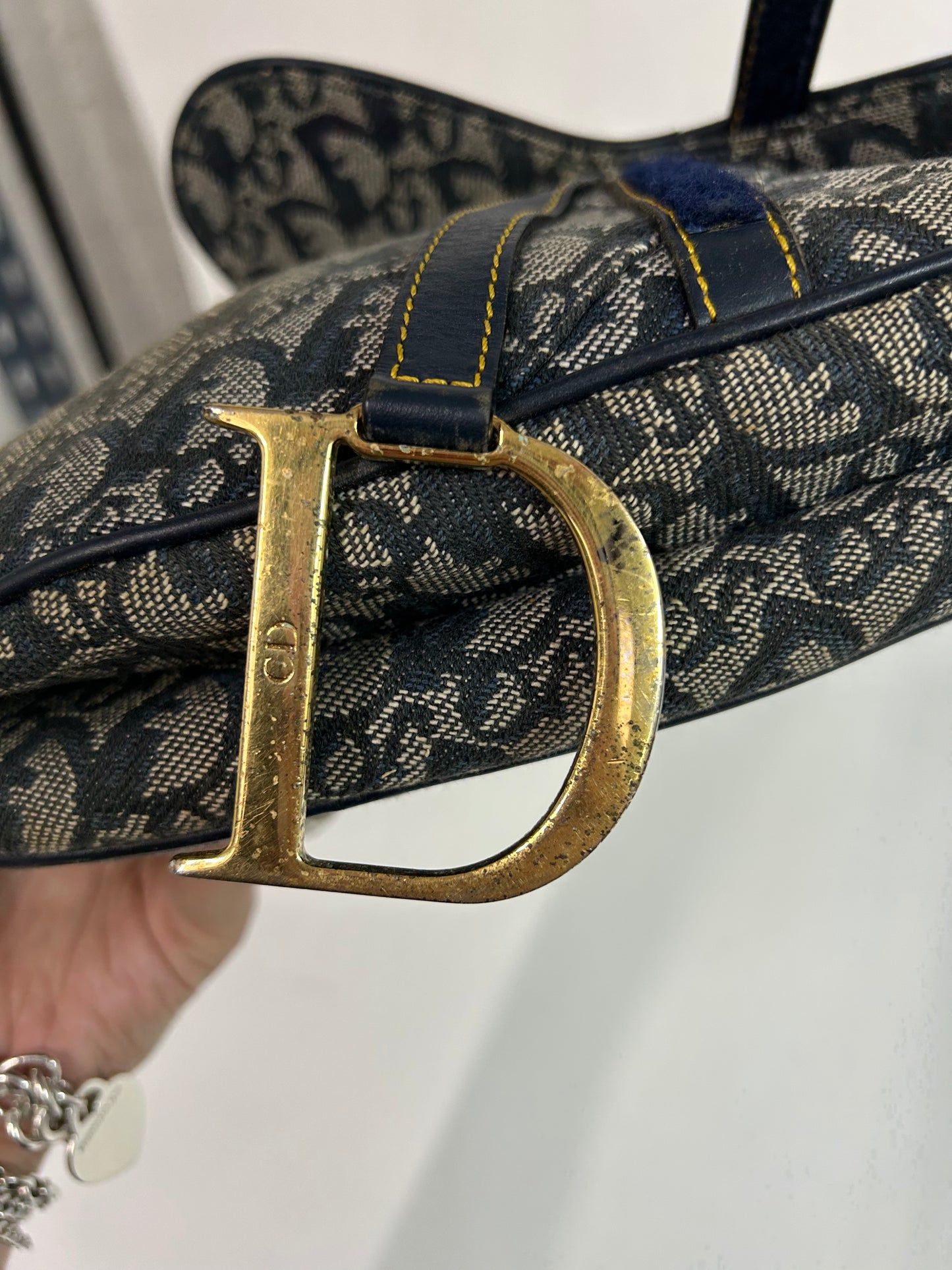 Christian Dior Navy Canvas & Leather Trotter Monogram Saddle Bag