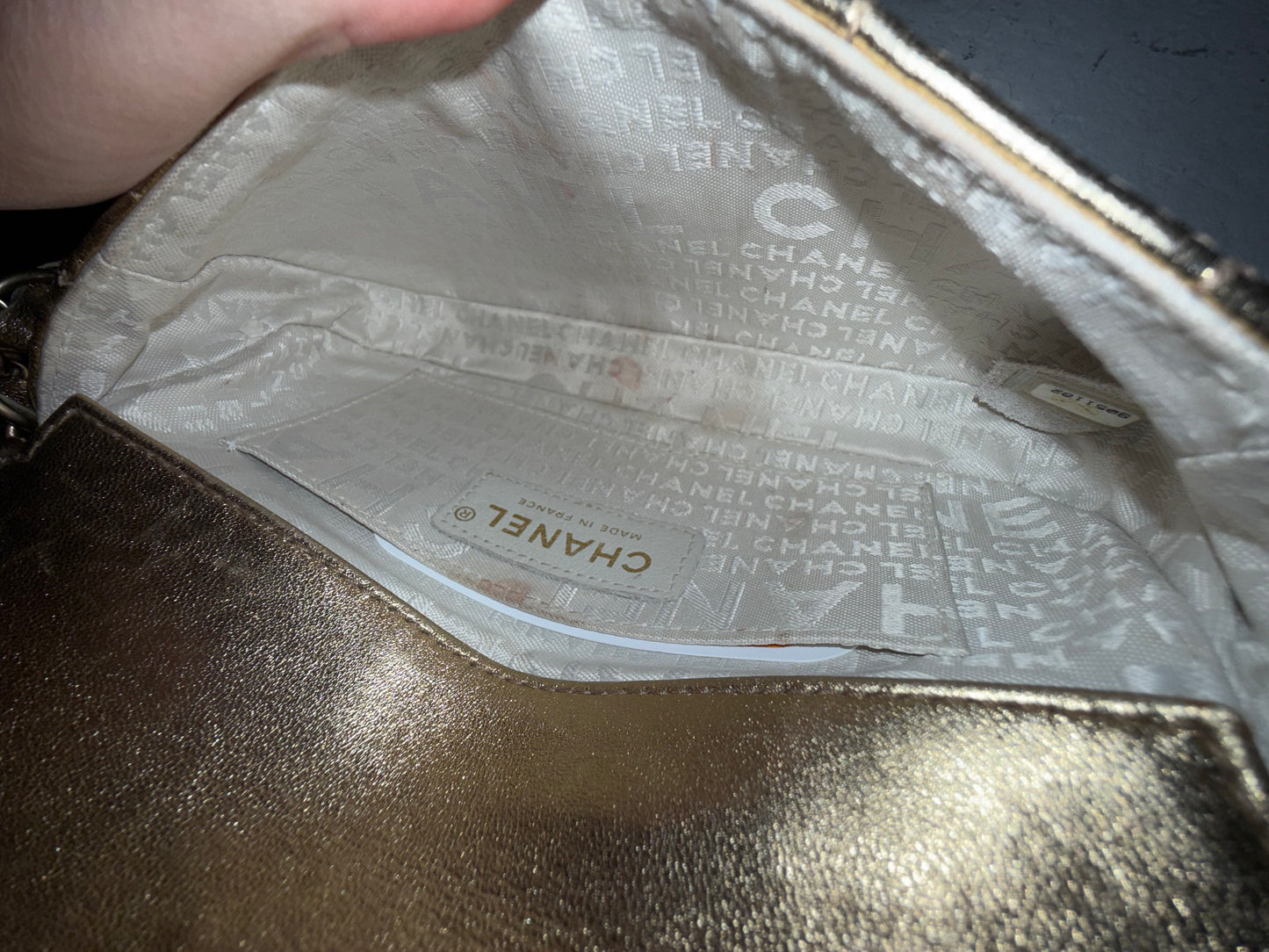 Chanel Mini Gold Metallic Lambskin Leather Chocolate Bar 3 Chain Flap