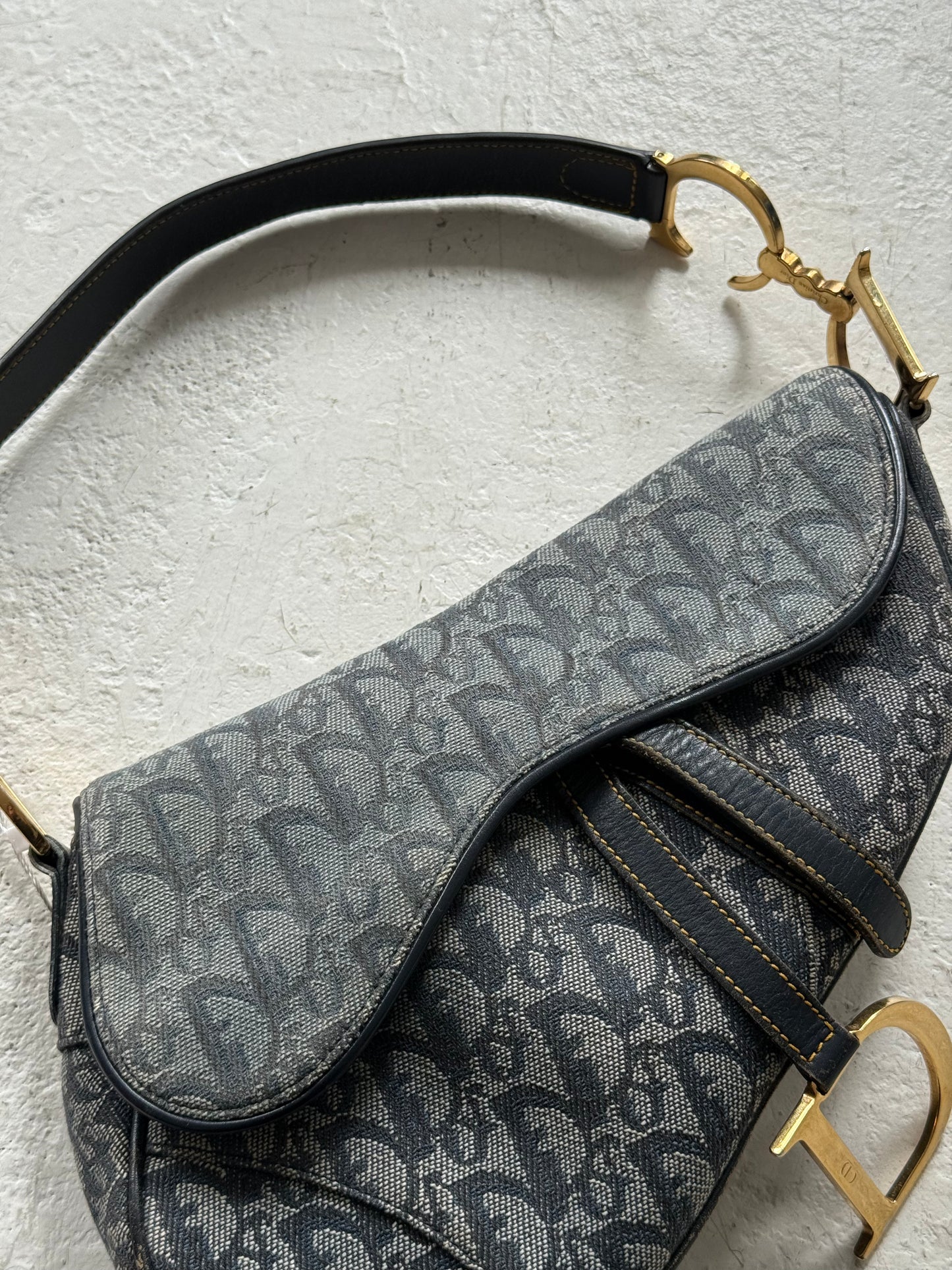 Christian Dior Navy Trotter Monogram Classic Saddle Bag GHW