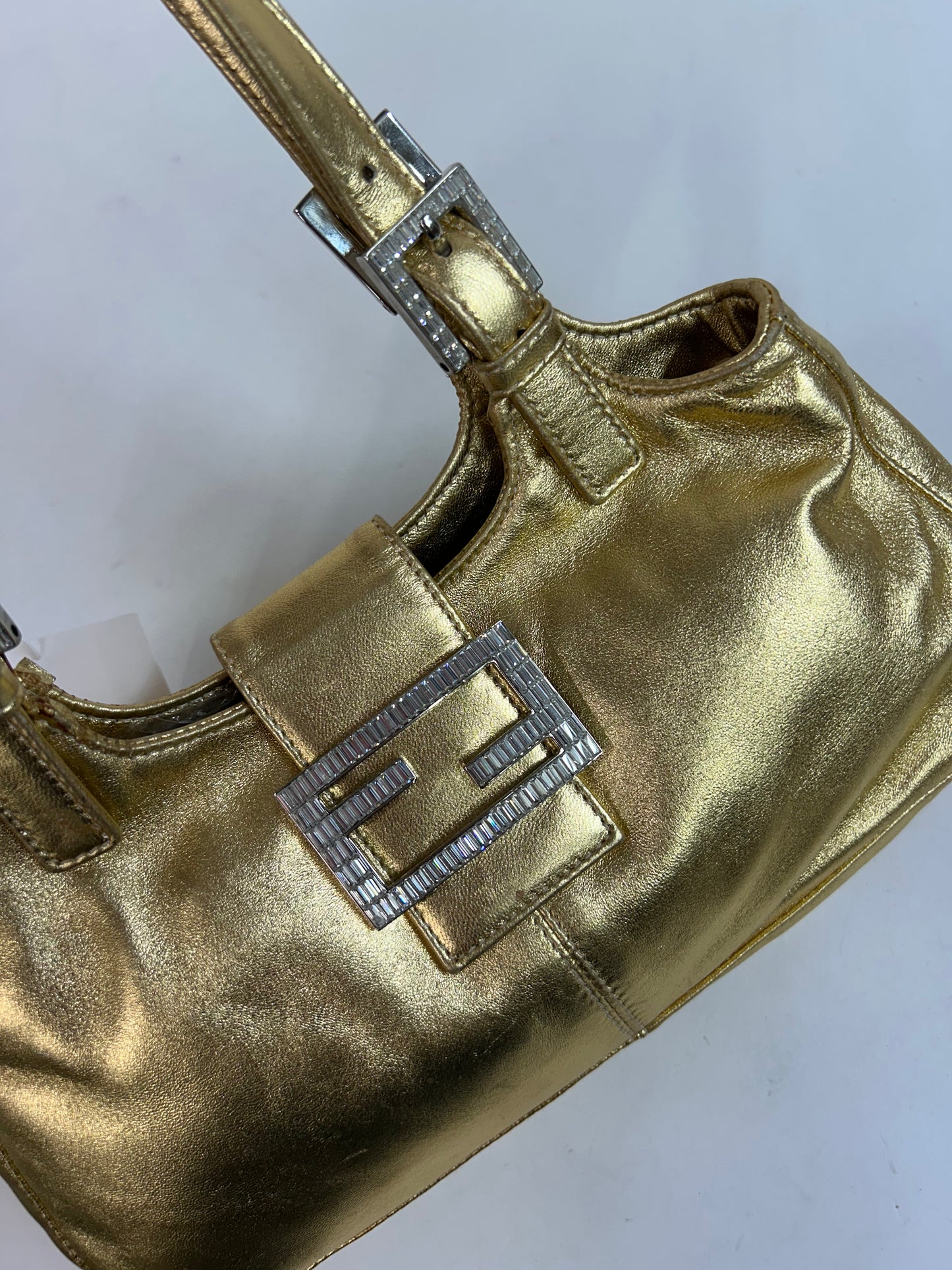 Fendi Gold Metallic Leather Jeweled Shoulder Bag