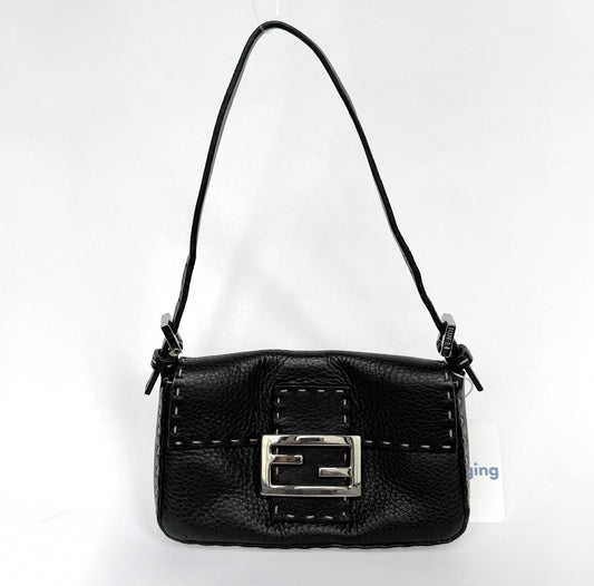 Fendi Black Pebbled Leather Selleria Mini Baguette