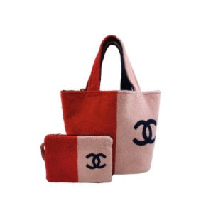 RARE Chanel Reversible Singapore Exclusive Red & Pink Terry Cotton Beach Bag w/ Detachable Pouch