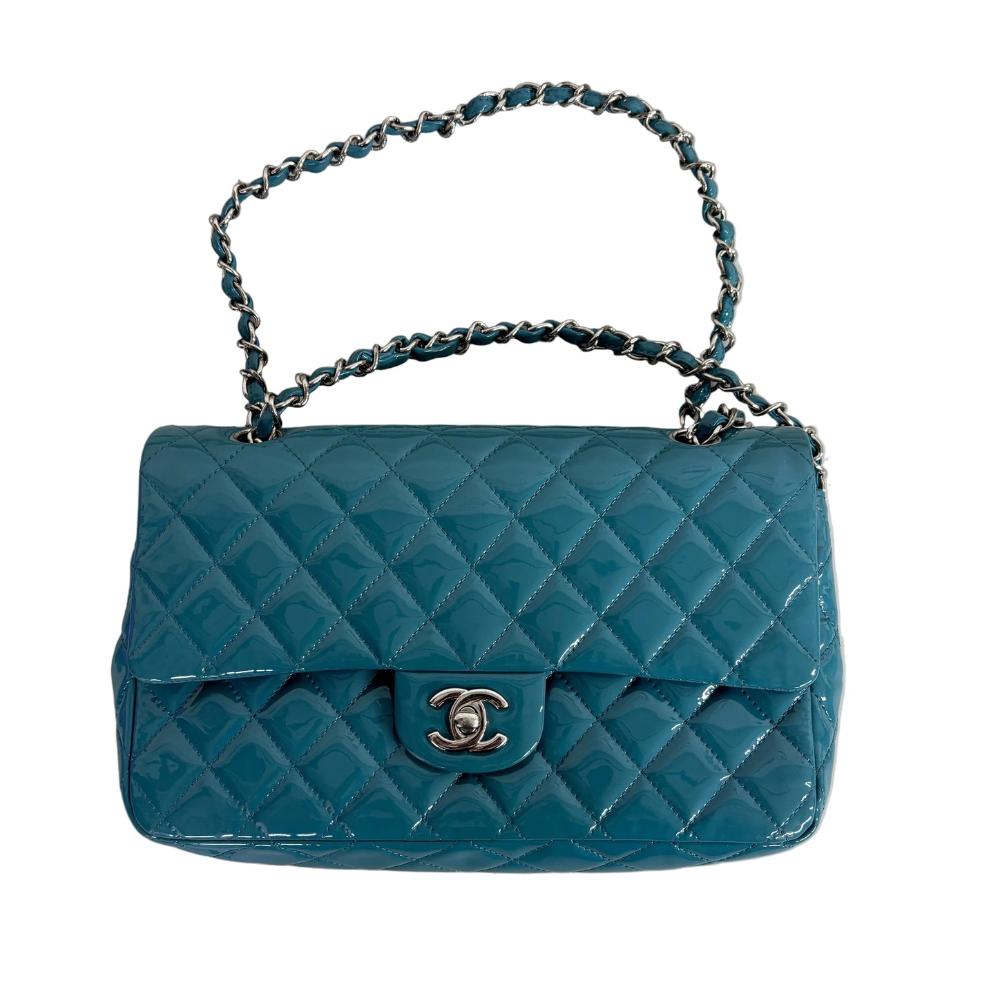 Chanel Teal Blue Patent Leather Double Flap Shoulder Bag