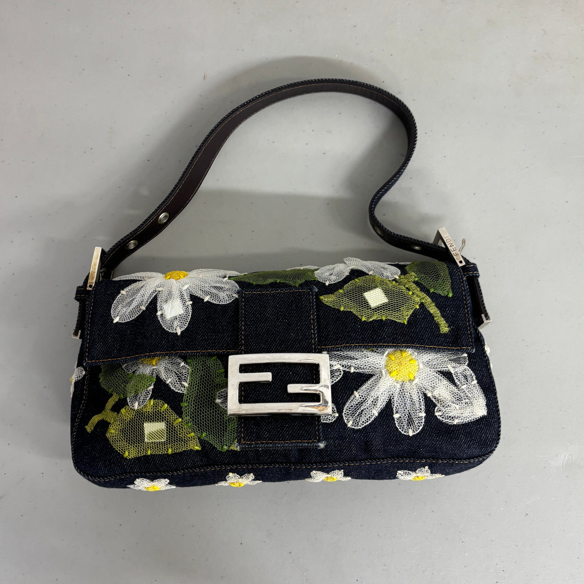 Fendi Denim Floral Appliqué Baguette Shoulder Bag