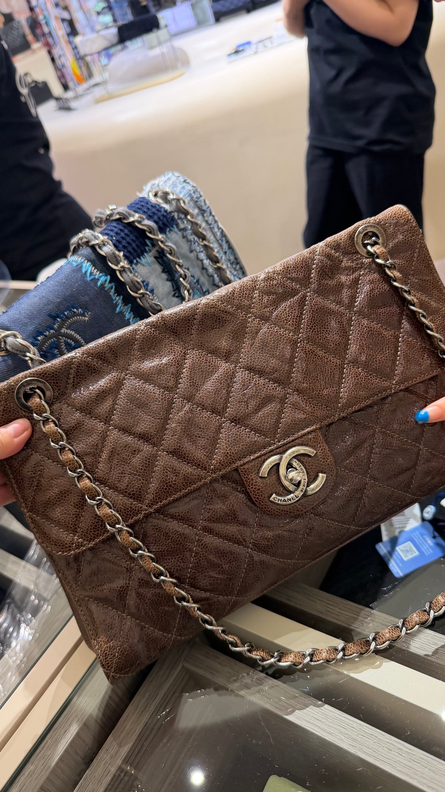 Chanel Brown Crumple Caviar Leather Chain Shoulder Bag