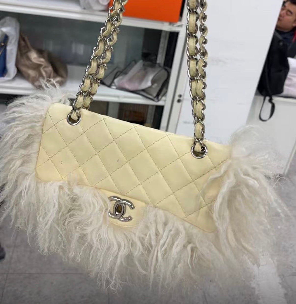 RARE Chanel White Monogolian Lamb Fur Lambskin Medium Single Flap SHW