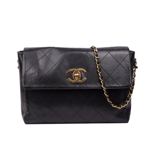 Chanel Black Lambskin Jumbo Hardware Turnlock Flap Bag
