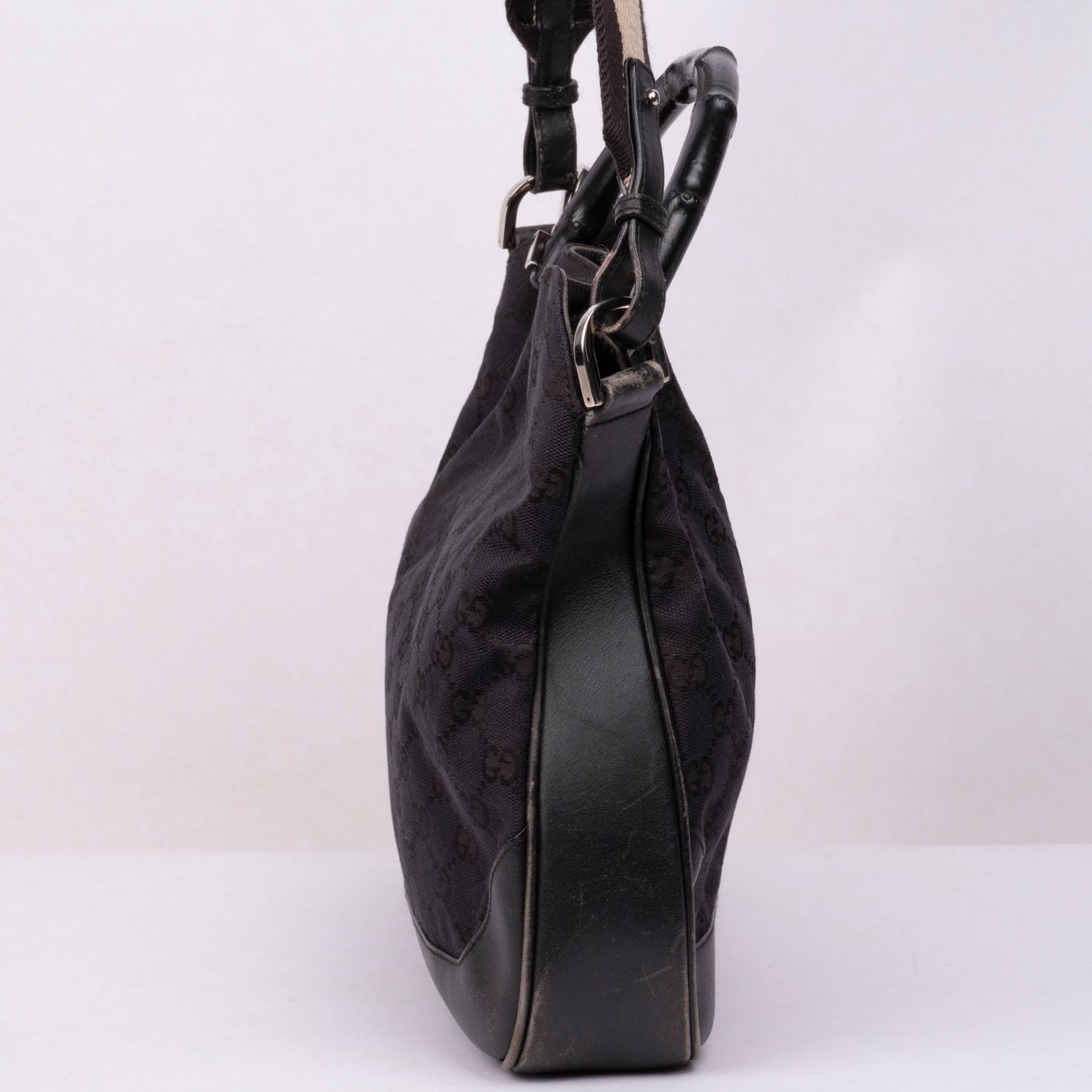 Gucci Black Monogram Canvas Two Way Bamboo Handle