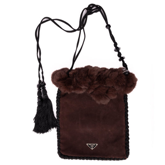 Prada Brown Suede & Fur Braided Trim Tassel Shoulder Bag
