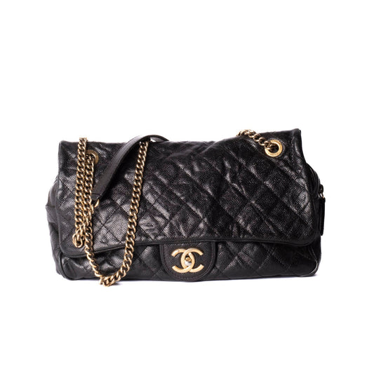 Chanel 2012 Black Crumple Effect Caviar Shiva Slouchy Camera Flap Bag
