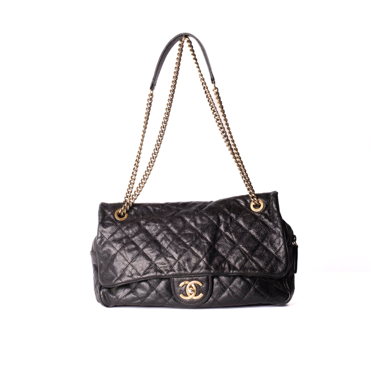 Chanel 2012 Black Crumple Effect Caviar Shiva Slouchy Camera Flap Bag