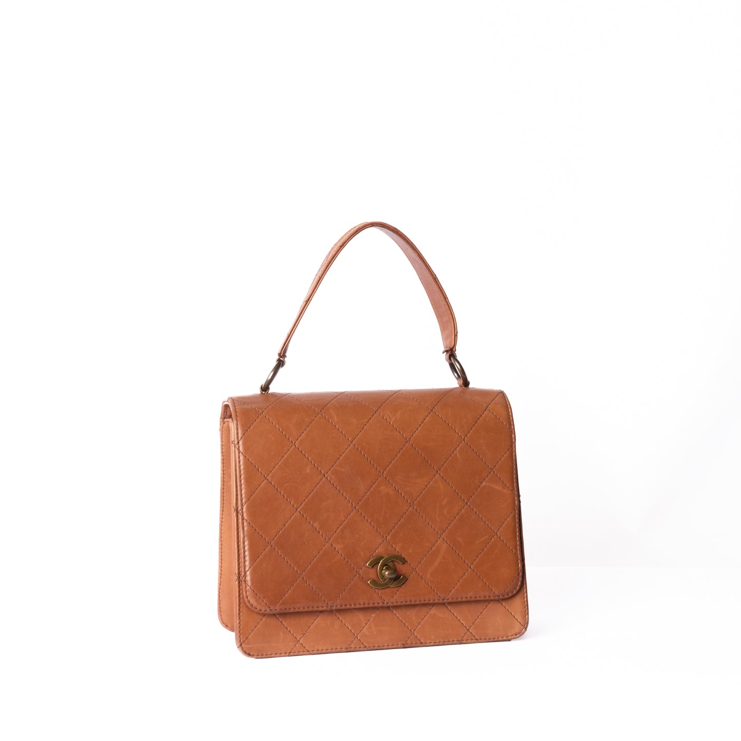 Chanel 1997 Brown Lambskin Leather Quilted Kelly Top Handle Flap
