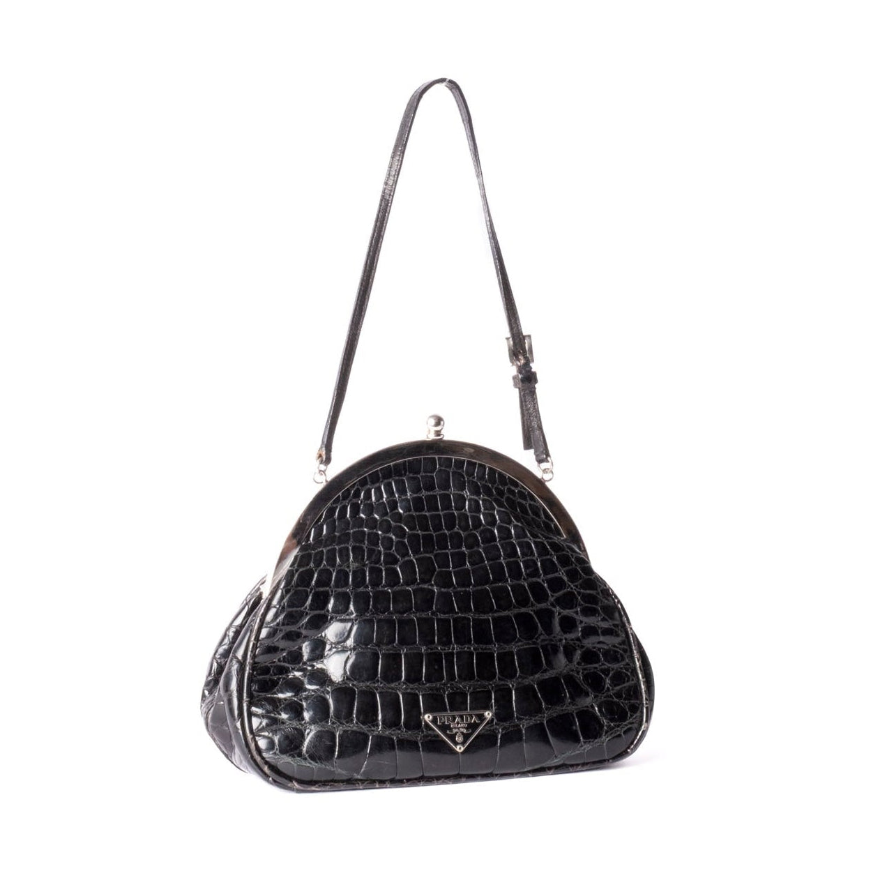 RARE Prada Black Alligator Shine Leather Small Evening Bag w/ Mirror