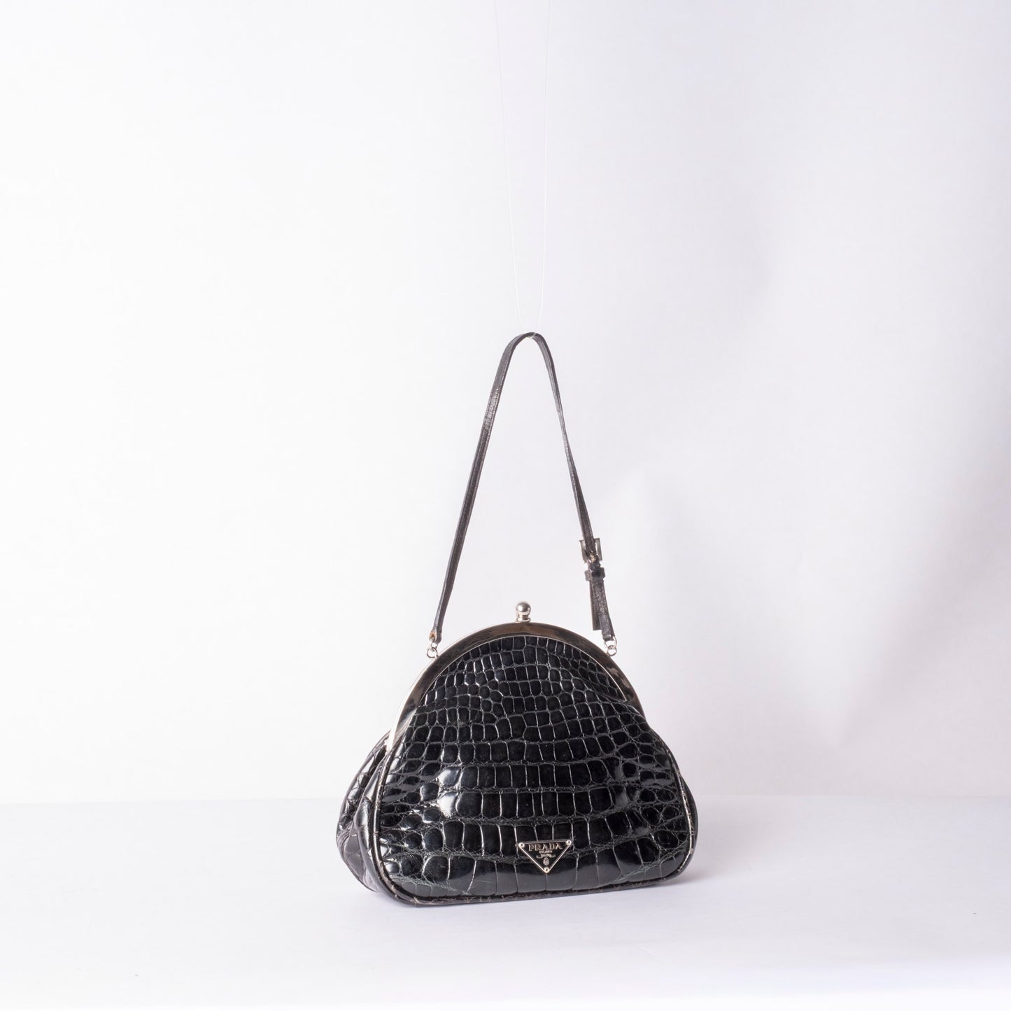 RARE Prada Black Alligator Shine Leather Small Evening Bag w/ Mirror