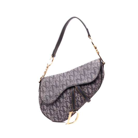 Christian Dior Navy Trotter Monogram Classic Saddle Bag GHW